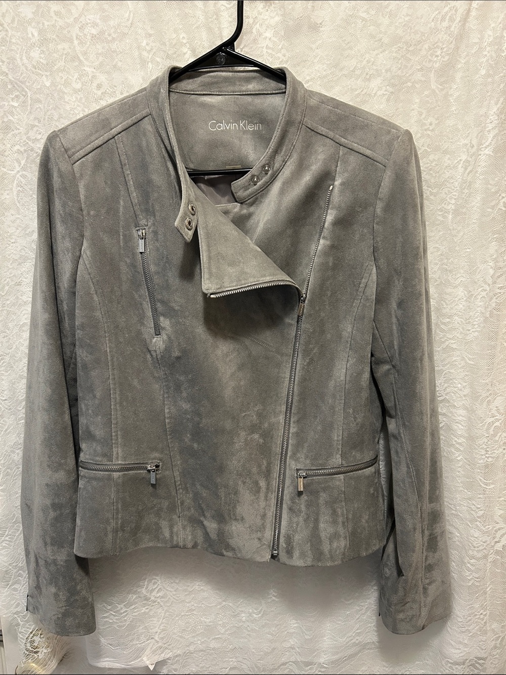 Calvin Klein Gray Suede Asymmetrical Zip Jacket